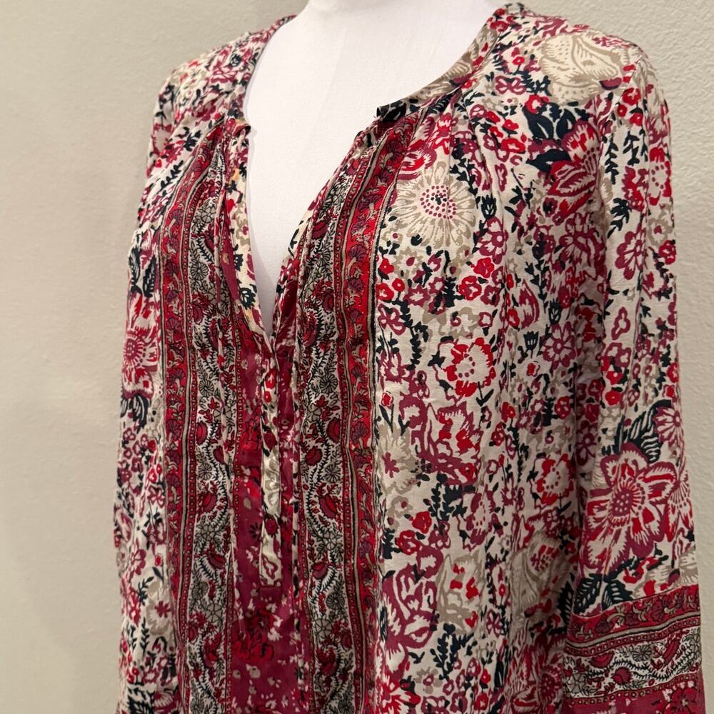 Lucky Brand Boho Red Cream Floral Tunic Top Peasant Blouse Medium Flowy Folk - Picture 4 of 9